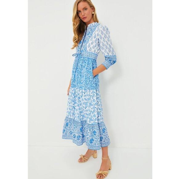Pink City Prints Tuckernuck Blue Ocean Mix Gemma Block Print Midi Shirt Dress - Picture 7 of 16